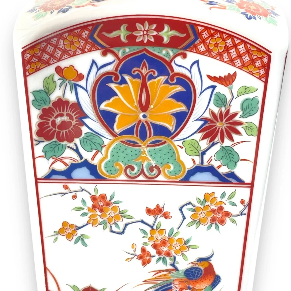 Japanese Imari Square Vase w/ Chrysanthemum & Pheasant Gold Rim 10